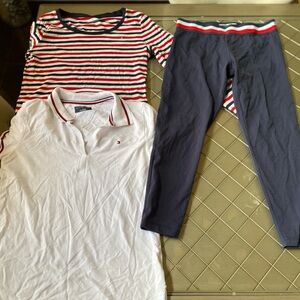 Tommy Hilfiger White Polo and Striped Top with Navy capri leggings bundle